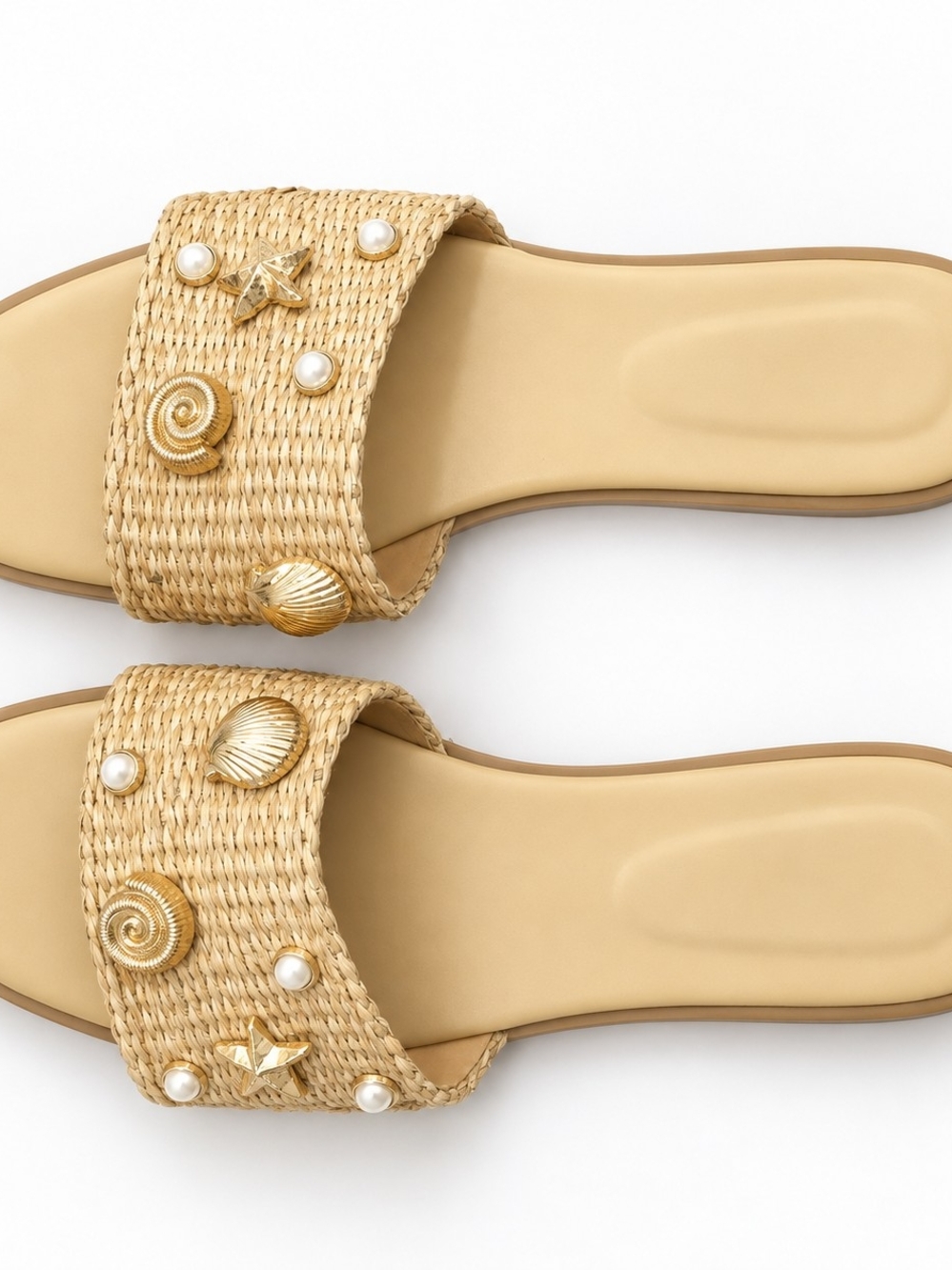 SHEIN Beige Woven Slide Sandals with Pearl & Gold Shell Charms